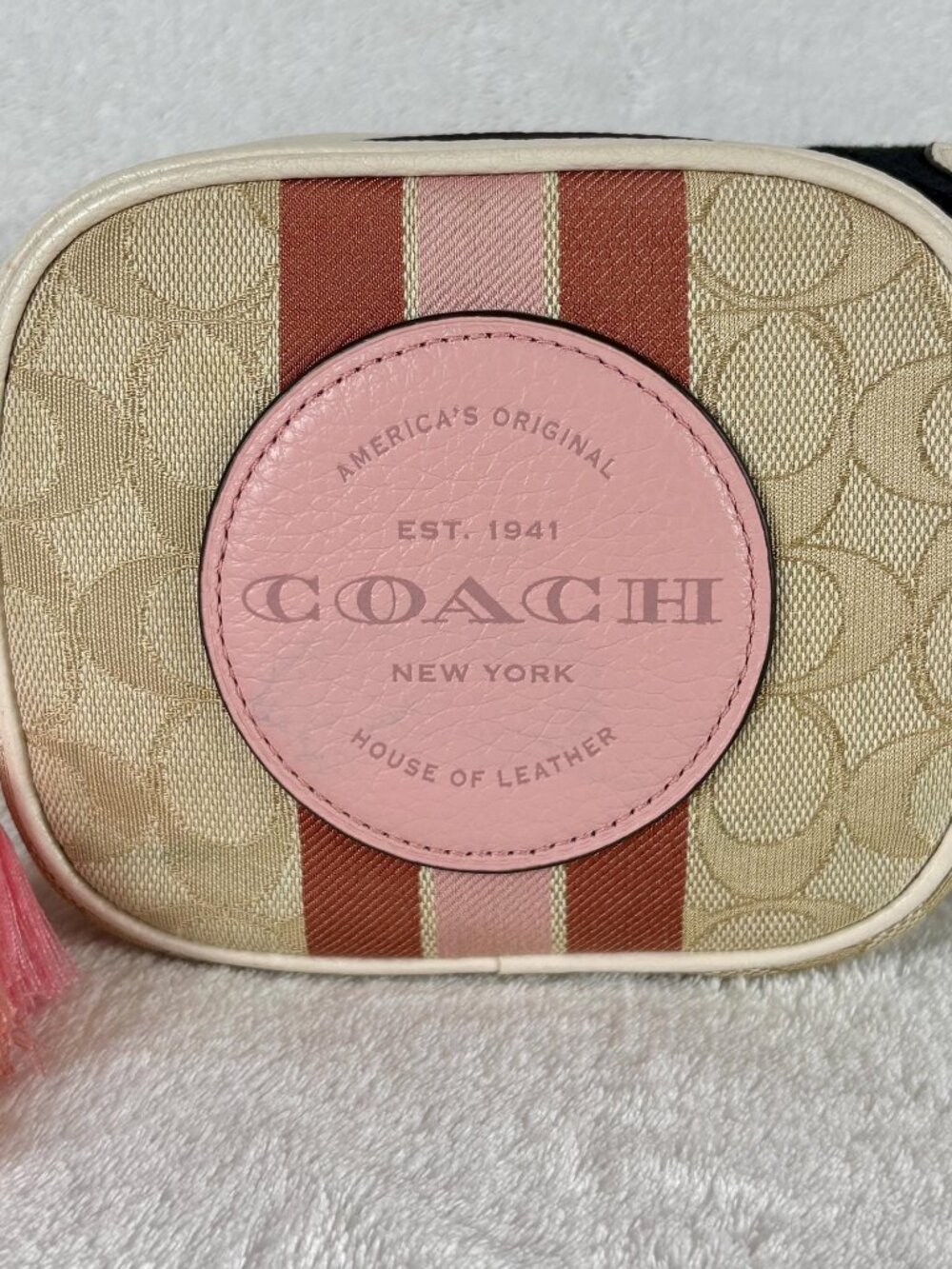 Coach Mini Dempsey Camera Bag in Khaki/Powder Pink Signature Jacquard and Charm
